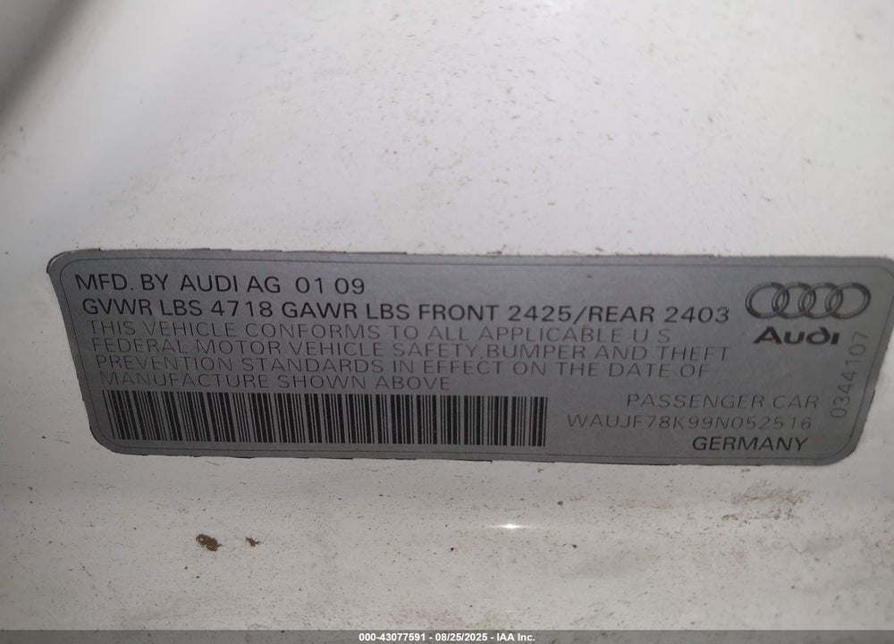 2009 AUDI A4 VIN: WAUJF78K99N052516