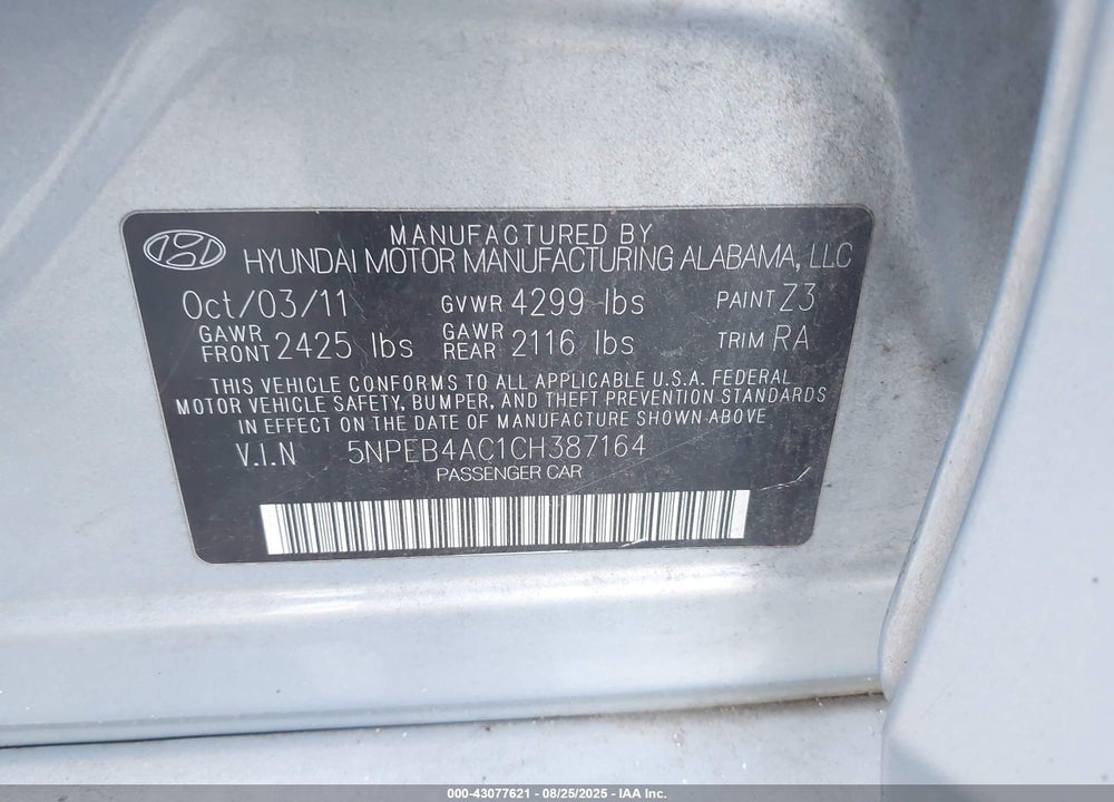 2012 HYUNDAI SONATA VIN: 5NPEB4AC1CH387164