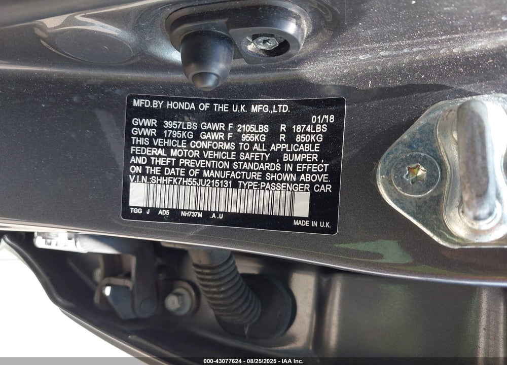 2018 HONDA CIVIC VIN: SHHFK7H55JU215131