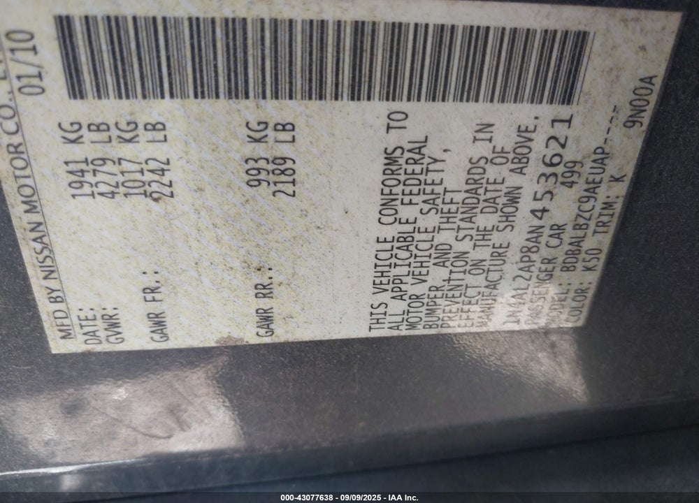 2010 NISSAN ALTIMA VIN: 1N4AL2AP8AN453621