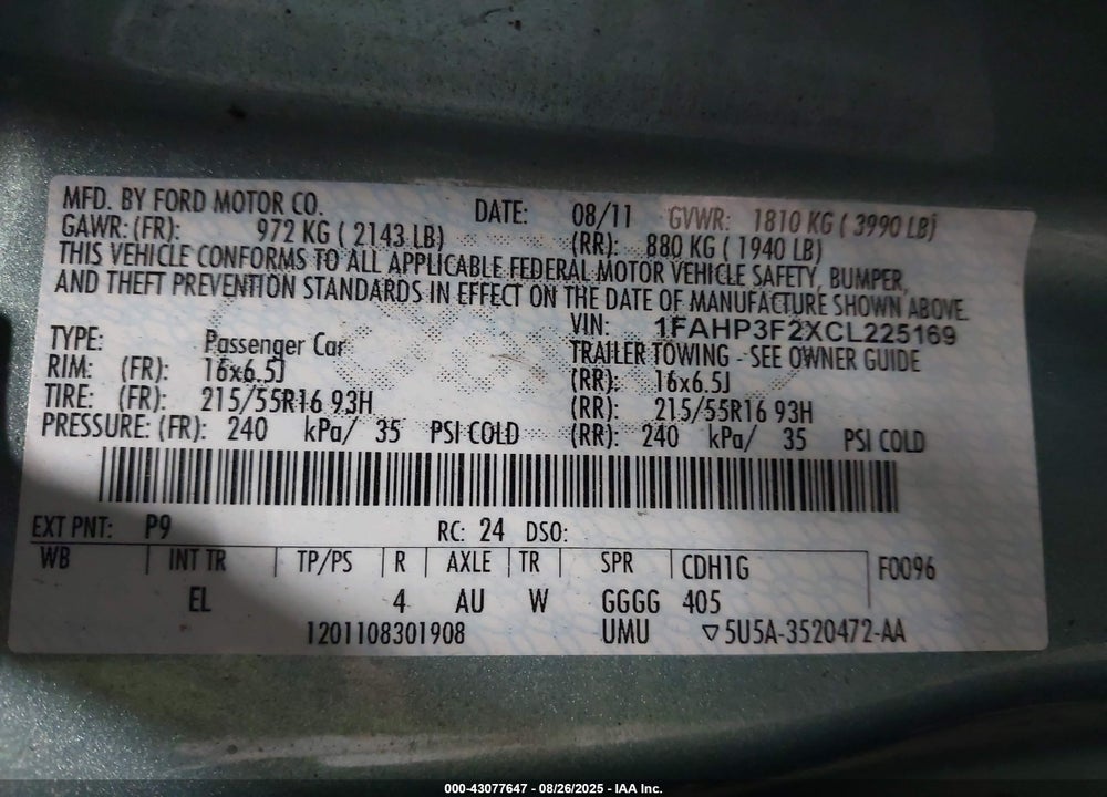 2012 FORD FOCUS SE VIN: 1FAHP3F2XCL225169