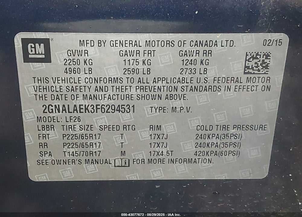 2015 CHEVROLET EQUINOX VIN: 2GNALAEK3F6294531