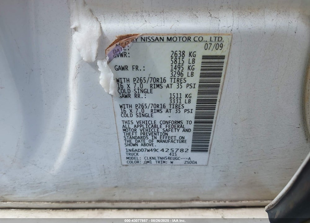 2009 NISSAN FRONTIER VIN: 1N6AD07W49C425782