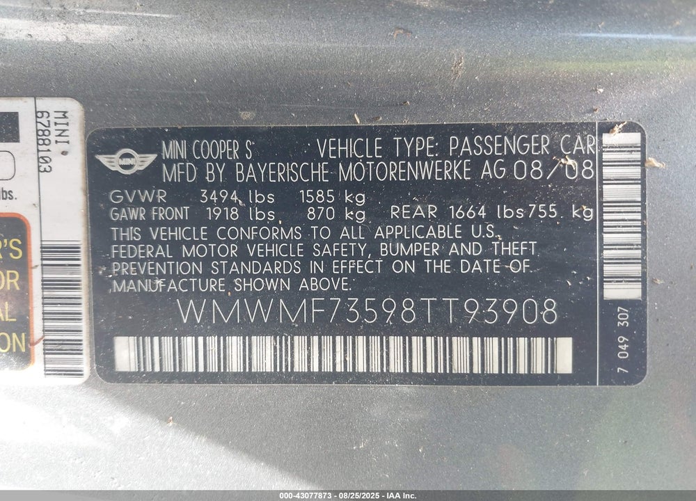 2008 MINI COOPER S VIN: WMWMF73598TT93908