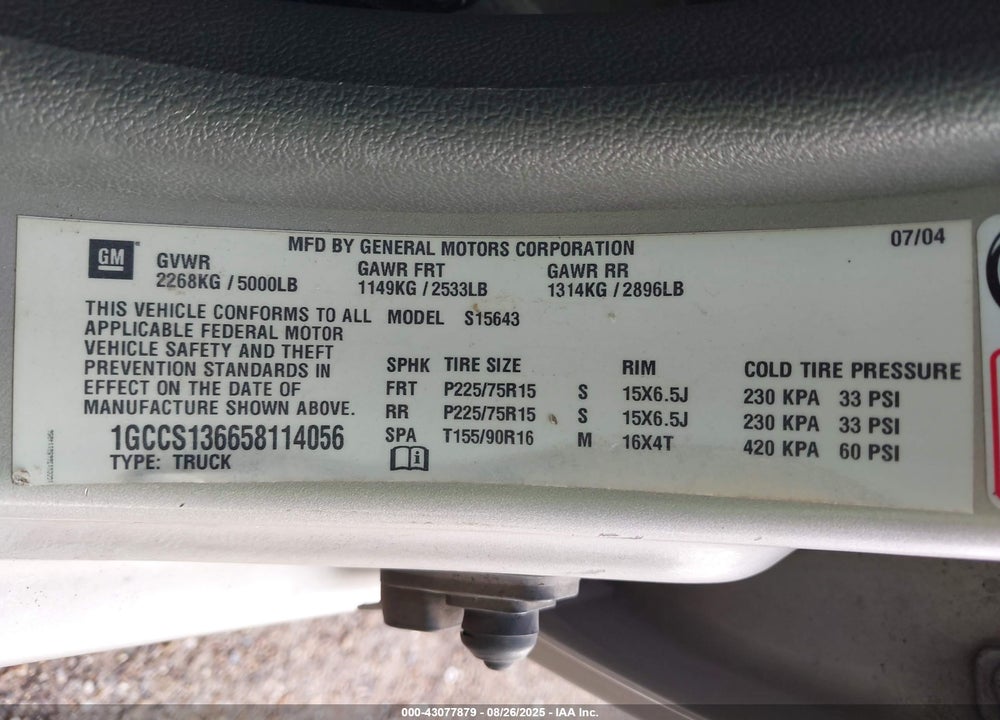 2005 CHEVROLET COLORADO LS VIN: 1GCCS136658114056