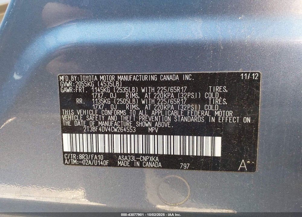 2012 TOYOTA RAV4 VIN: 2T3BF4DV4CW264553