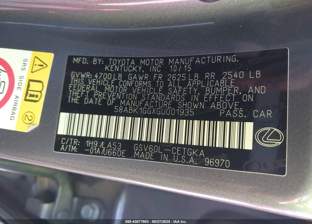 2016 LEXUS ES 350 VIN: 58ABK1GGXGU001935