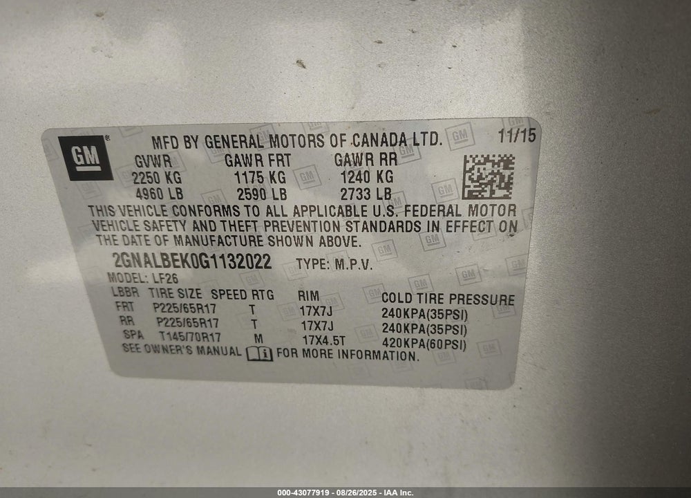 2016 CHEVROLET EQUINOX VIN: 2GNALBEK0G1132022