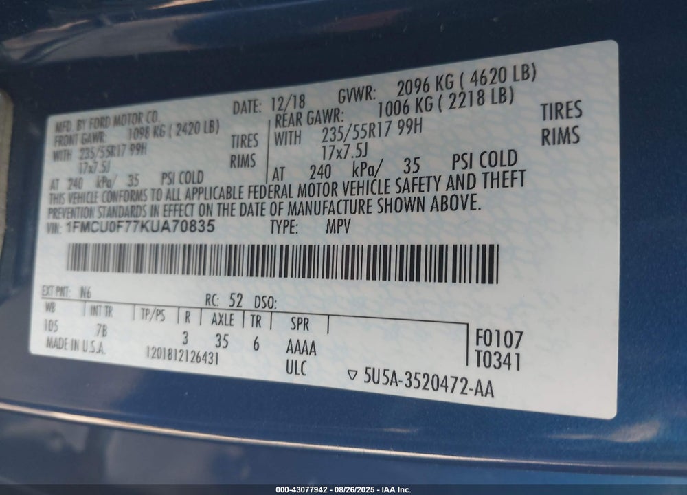 2019 FORD ESCAPE VIN: 1FMCU0F77KUA70835