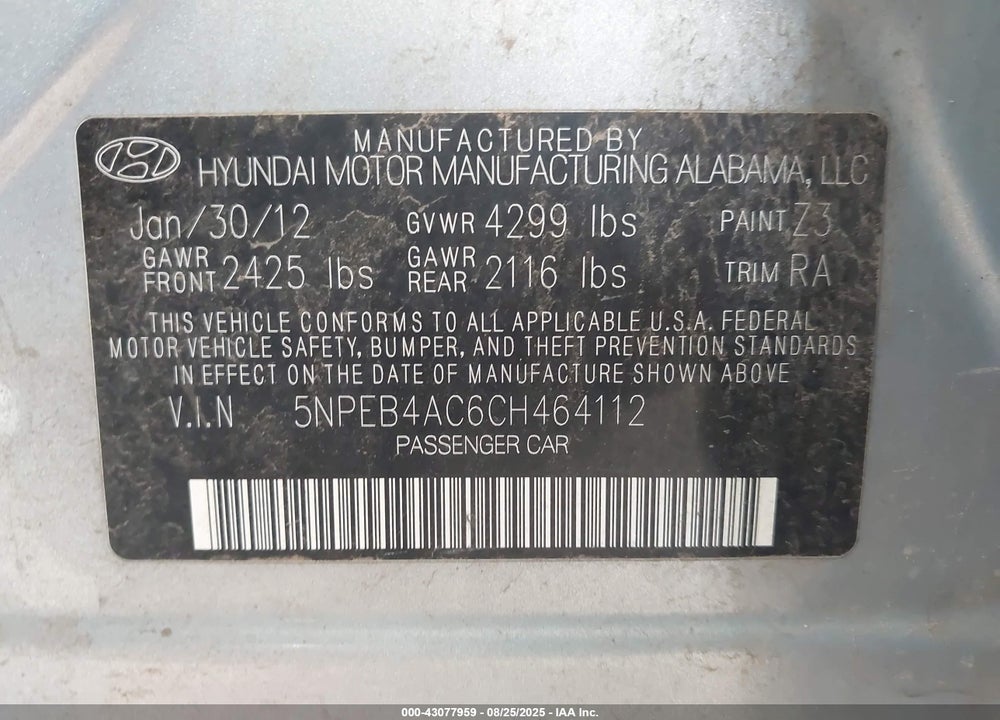 2012 HYUNDAI SONATA VIN: 5NPEB4AC6CH464112