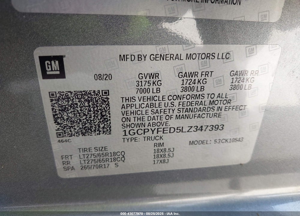 2020 CHEVROLET SILVERADO 1500 VIN: 1GCPYFED5LZ347393