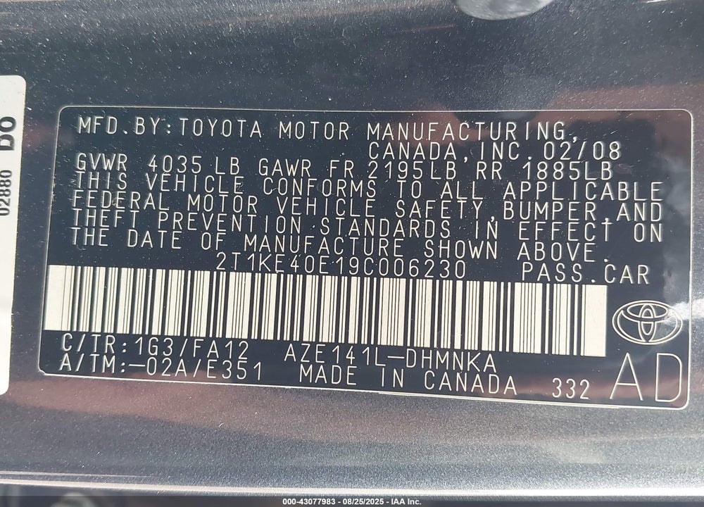 2009 TOYOTA MATRIX VIN: 2T1KE40E19C006230