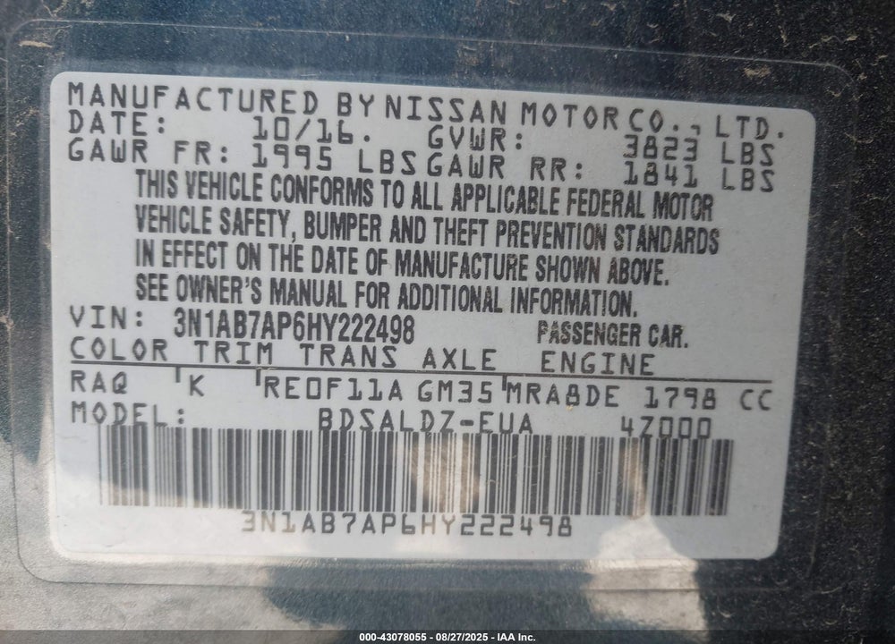 2017 NISSAN SENTRA VIN: 3N1AB7AP6HY222498
