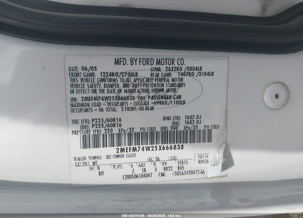 2005 MERCURY GRAND MARQUIS VIN: 2MEFM74W25X666838
