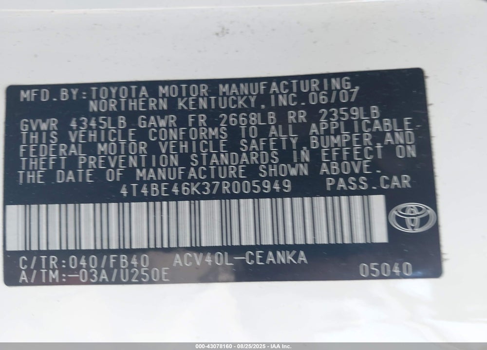 2007 TOYOTA CAMRY VIN: 4T4BE46K37R005949