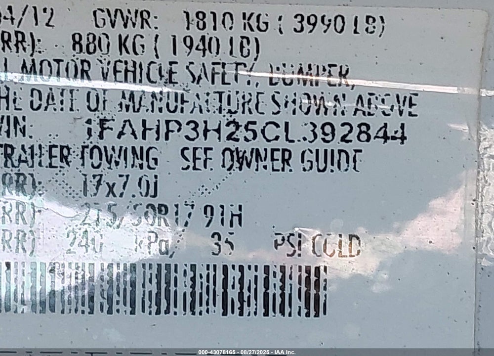 2012 FORD FOCUS VIN: 1FAHP3H25CL392844
