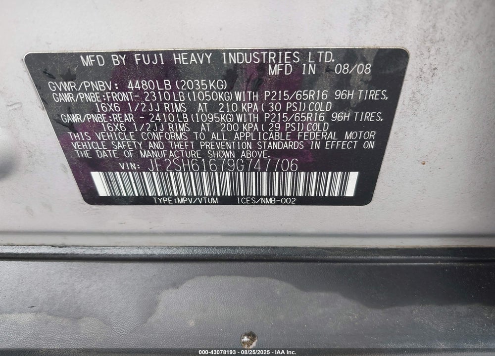 2009 SUBARU FORESTER VIN: JF2SH61679G747706