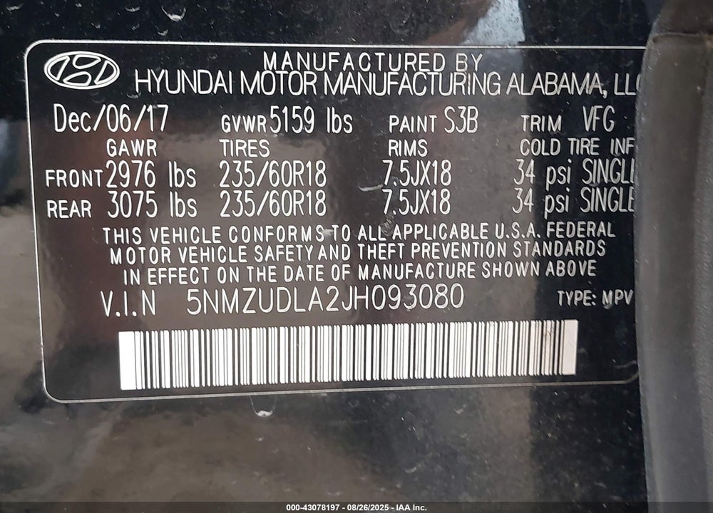 2018 HYUNDAI SANTA FE VIN: 5NMZUDLA2JH093080