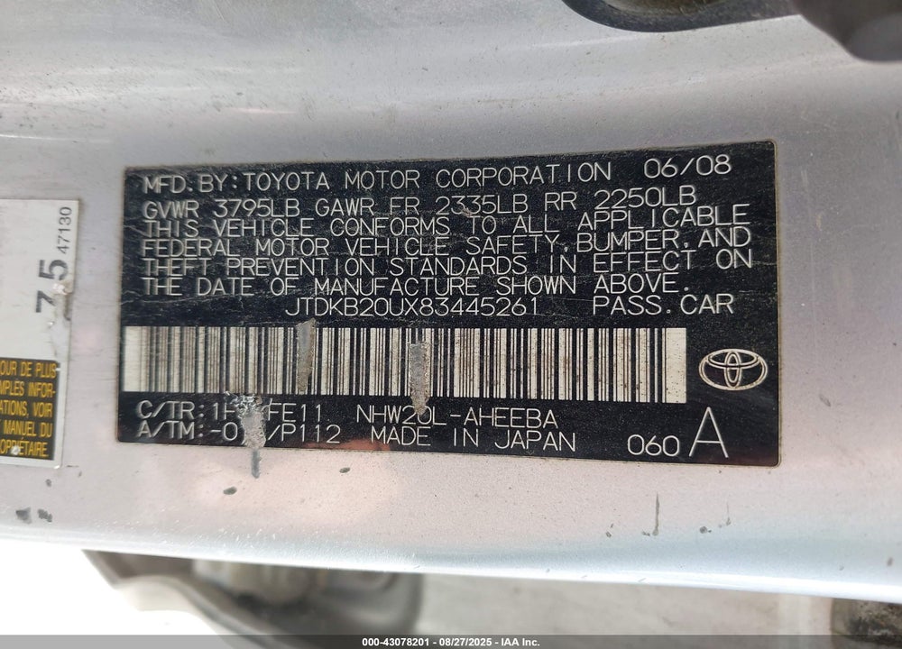 2008 TOYOTA PRIUS VIN: JTDKB20UX83445261