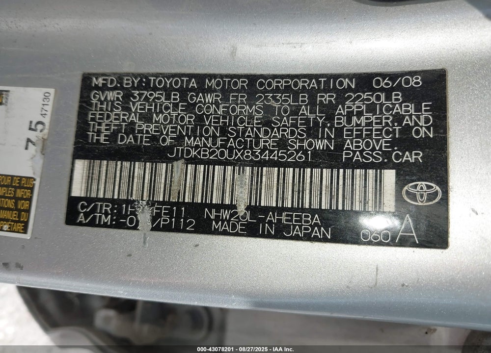 2008 TOYOTA PRIUS VIN: JTDKB20UX83445261