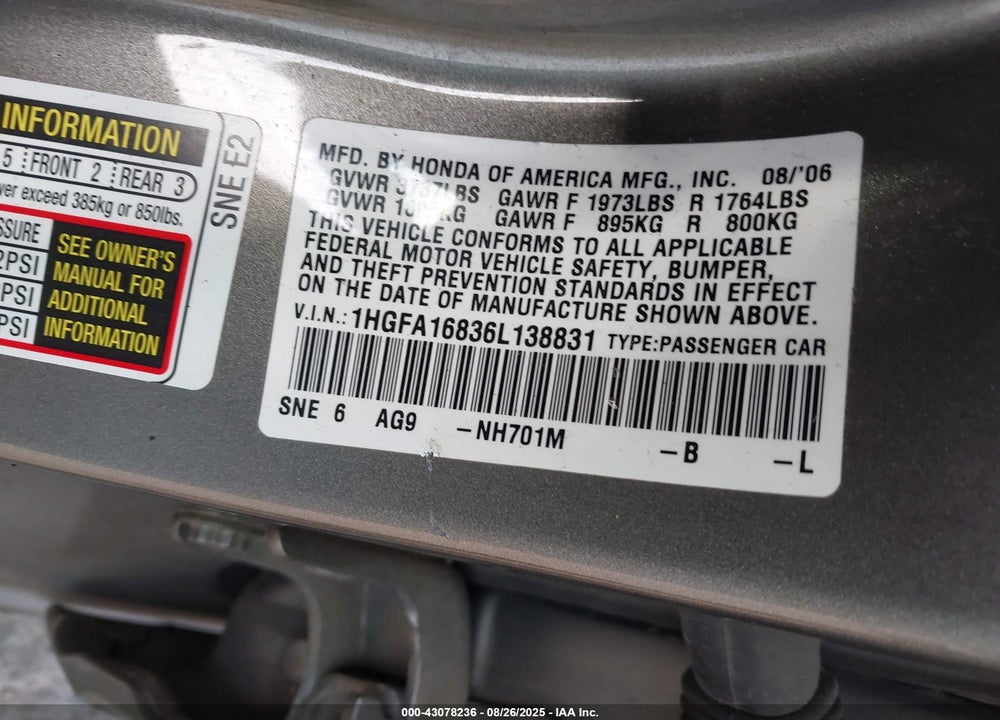 2006 HONDA CIVIC EX VIN: 1HGFA16836L138831