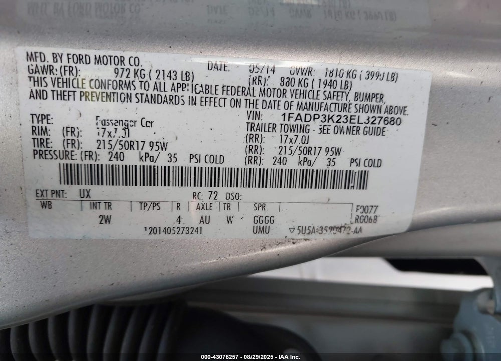 2014 FORD FOCUS VIN: 1FADP3K23EL327680