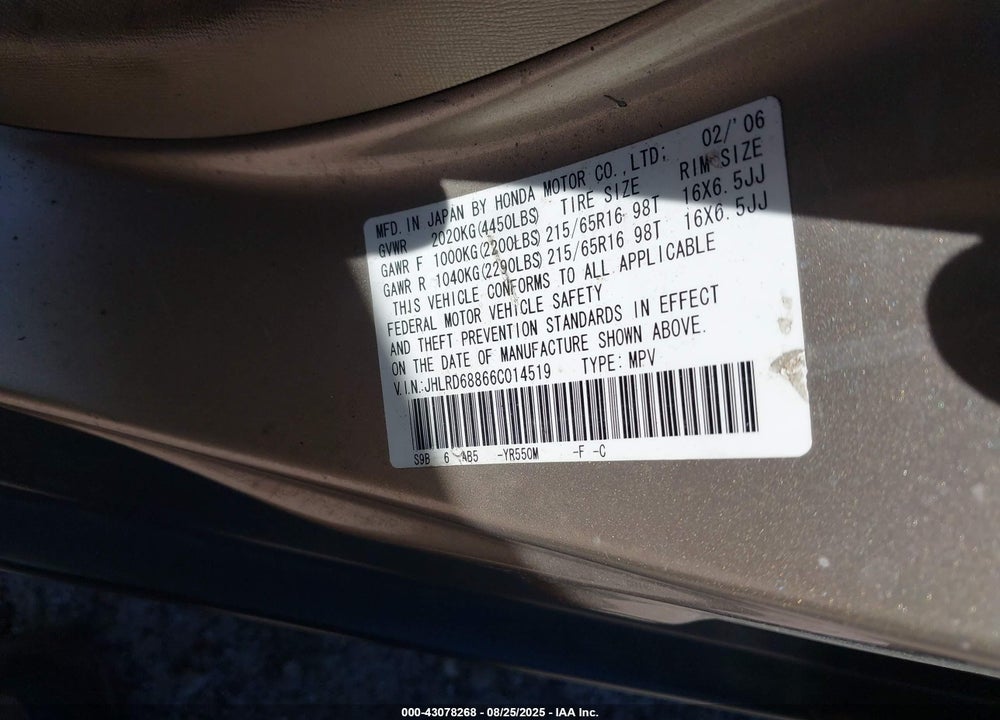 2006 HONDA CR-V EX VIN: JHLRD68866C014519