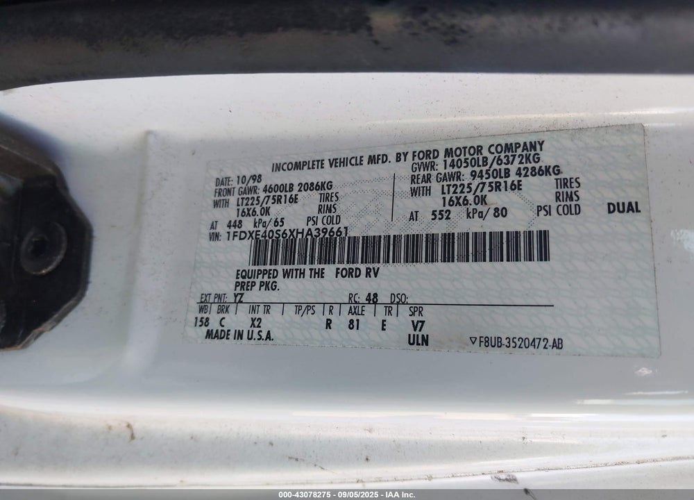 1999 FORD ECONOLINE E450 SUPER DUTY CUTWY  RV VIN: 1FDXE40S6XHA39661