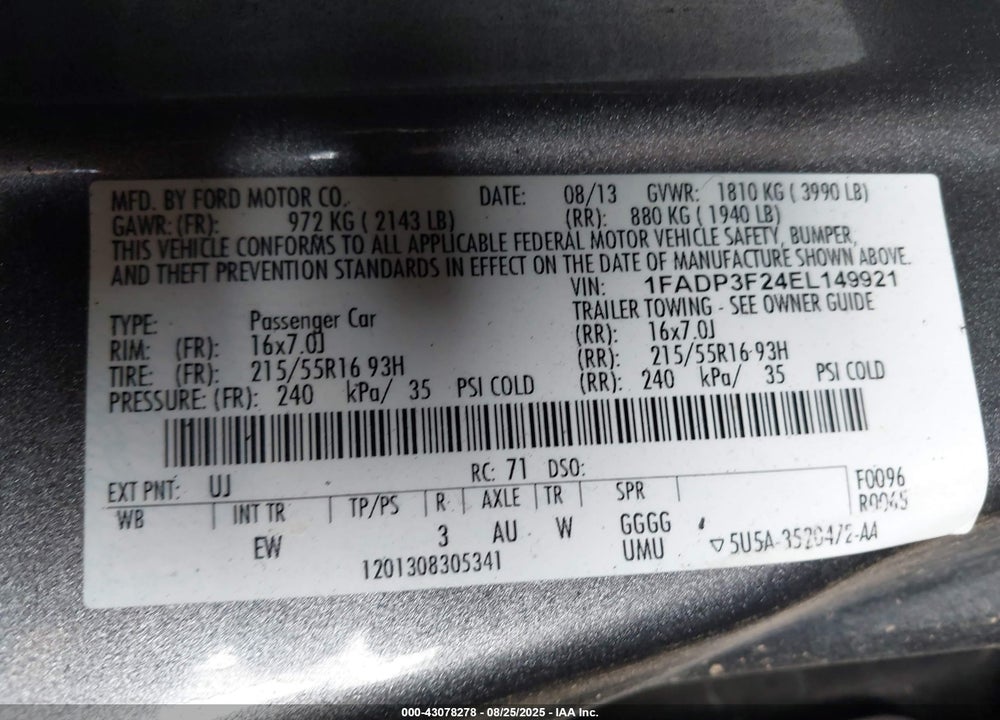 2014 FORD FOCUS VIN: 1FADP3F24EL149921