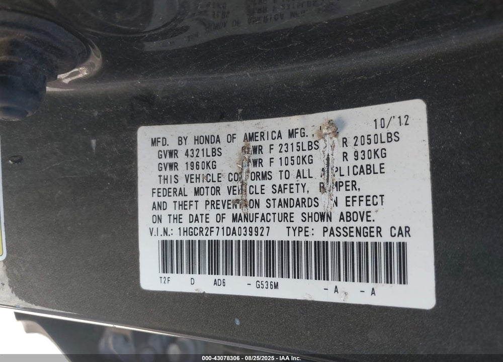 2013 HONDA ACCORD VIN: 1HGCR2F71DA039927