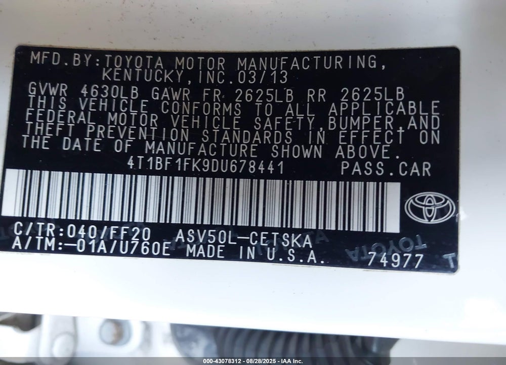 2013 TOYOTA CAMRY VIN: 4T1BF1FK9DU678441