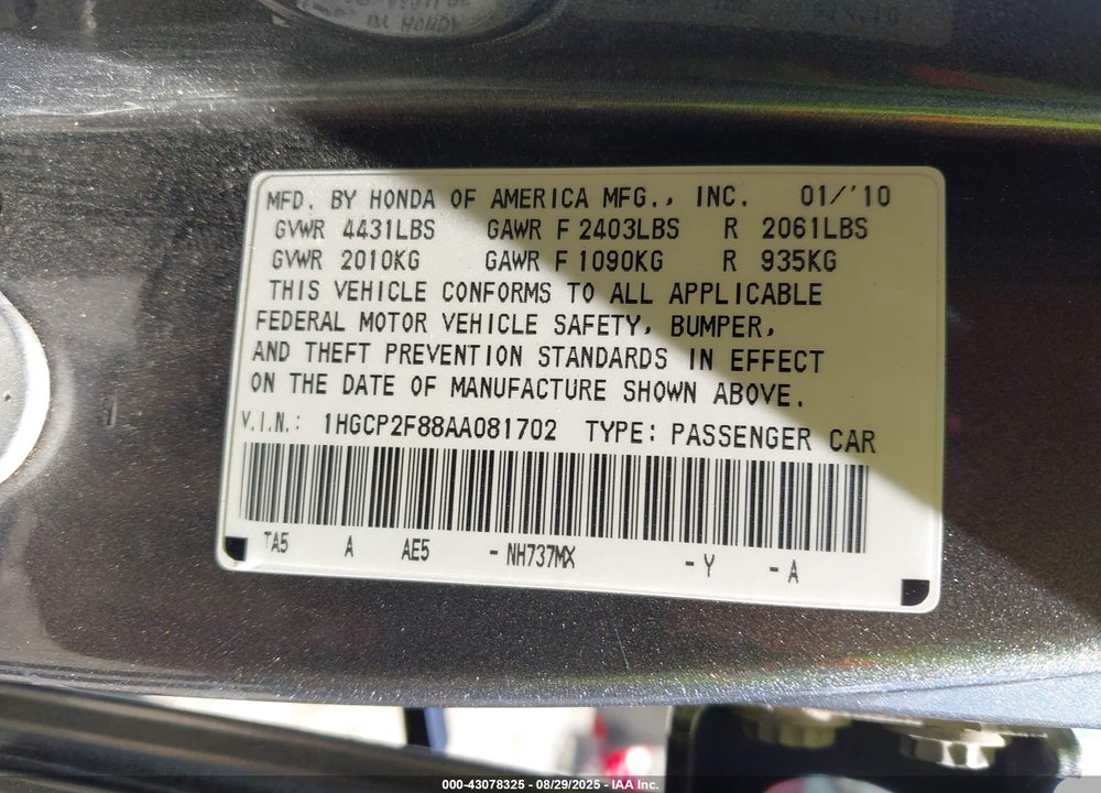 2010 HONDA ACCORD VIN: 1HGCP2F88AA081702
