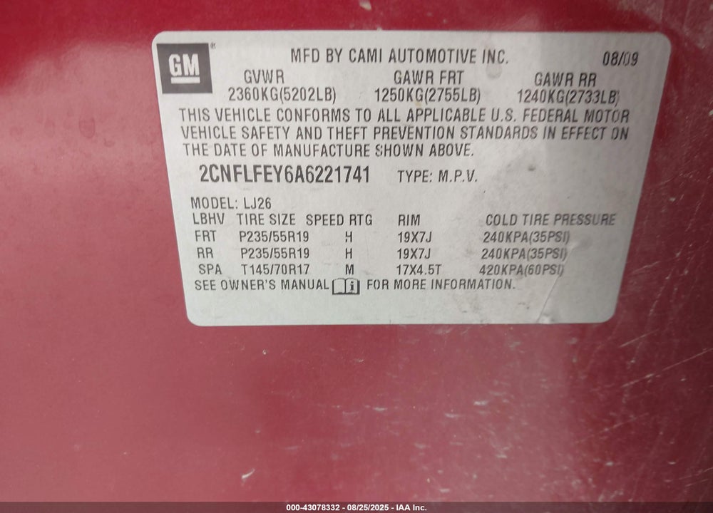 2010 CHEVROLET EQUINOX VIN: 2CNFLFEY6A6221741