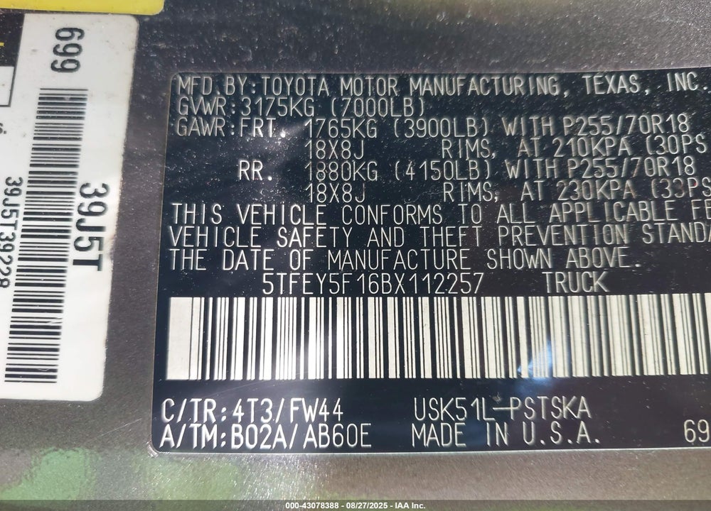 2011 TOYOTA TUNDRA GRADE 5.7L V8 VIN: 5TFEY5F16BX112257