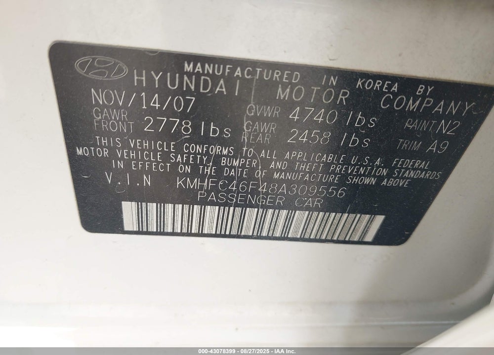 2008 HYUNDAI AZERA VIN: KMHFC46F48A309556