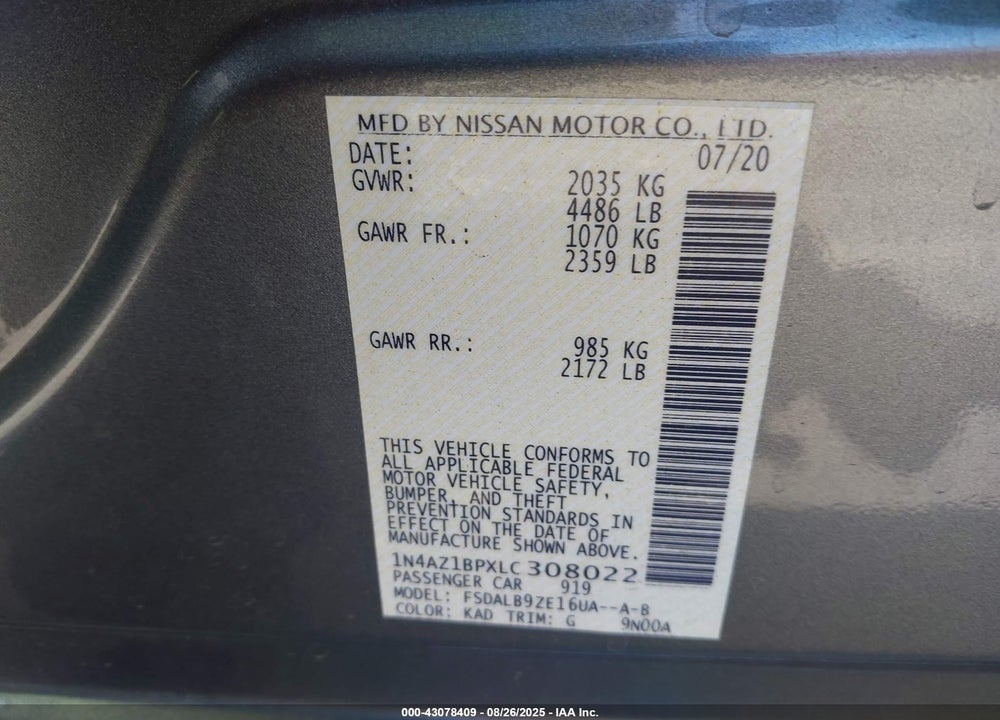 2020 NISSAN LEAF S 40 KWH VIN: 1N4AZ1BPXLC308022