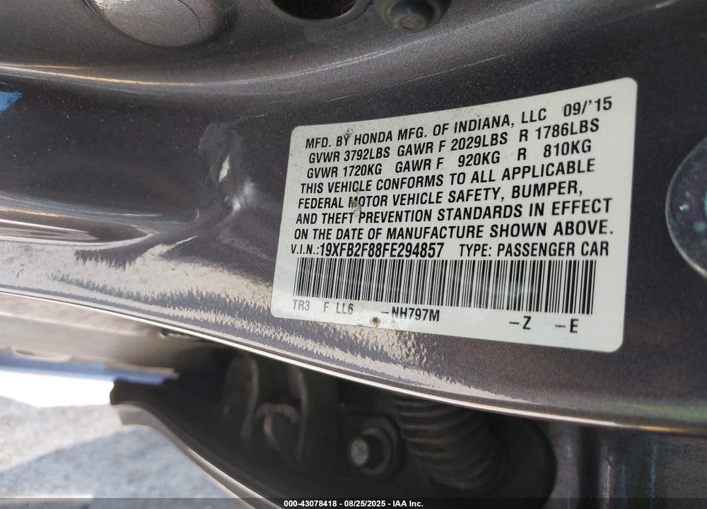 2015 HONDA CIVIC VIN: 19XFB2F88FE294857
