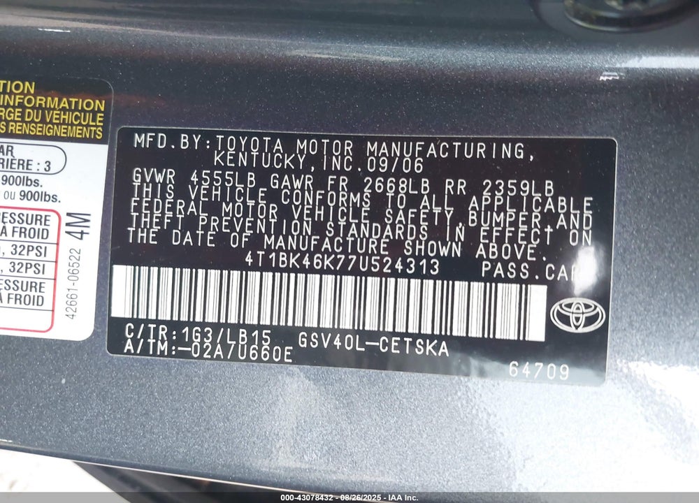 2007 TOYOTA CAMRY SE V6 VIN: 4T1BK46K77U524313