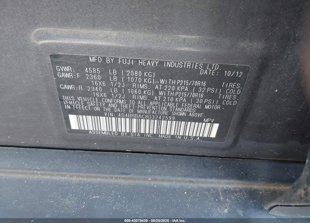 2013 SUBARU OUTBACK 2.5I VIN: 4S4BRBAC8D3242599