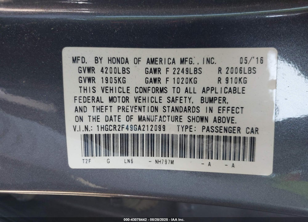 2016 HONDA ACCORD VIN: 1HGCR2F49GA212099