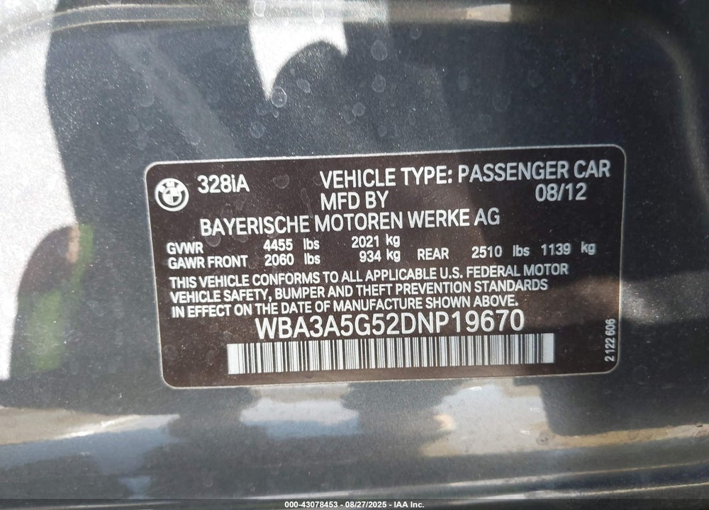 2013 BMW 3 SERIES VIN: WBA3A5G52DNP19670