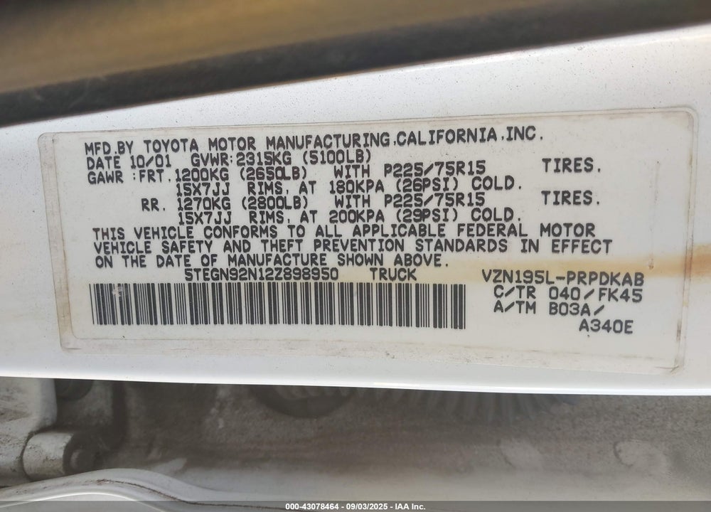 2002 TOYOTA TACOMA PRERUNNER V6 VIN: 5TEGN92N12Z898950