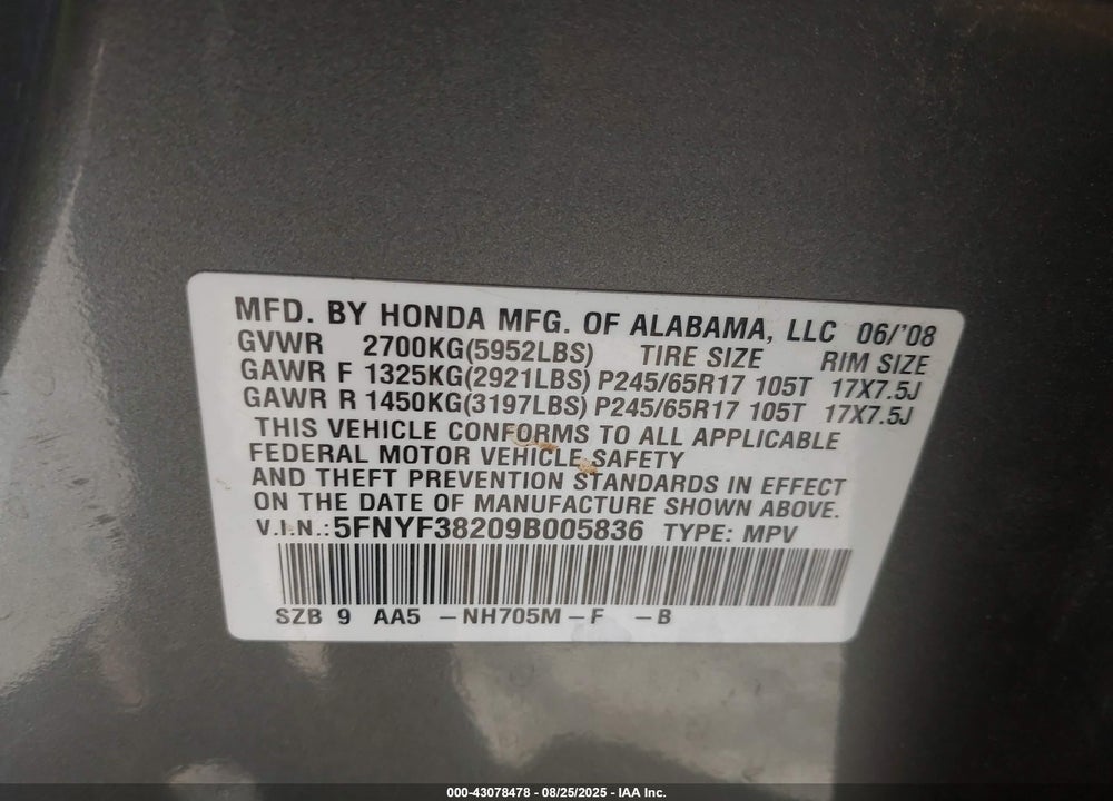 2009 HONDA PILOT VIN: 5FNYF38209B005836
