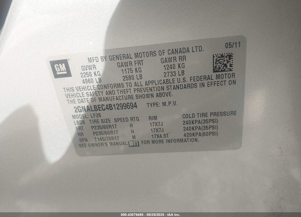 2011 CHEVROLET EQUINOX LS VIN: 2GNALBEC4B1299694