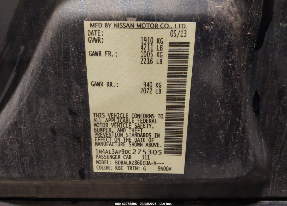2013 NISSAN ALTIMA VIN: 1N4AL3AP9DC275305