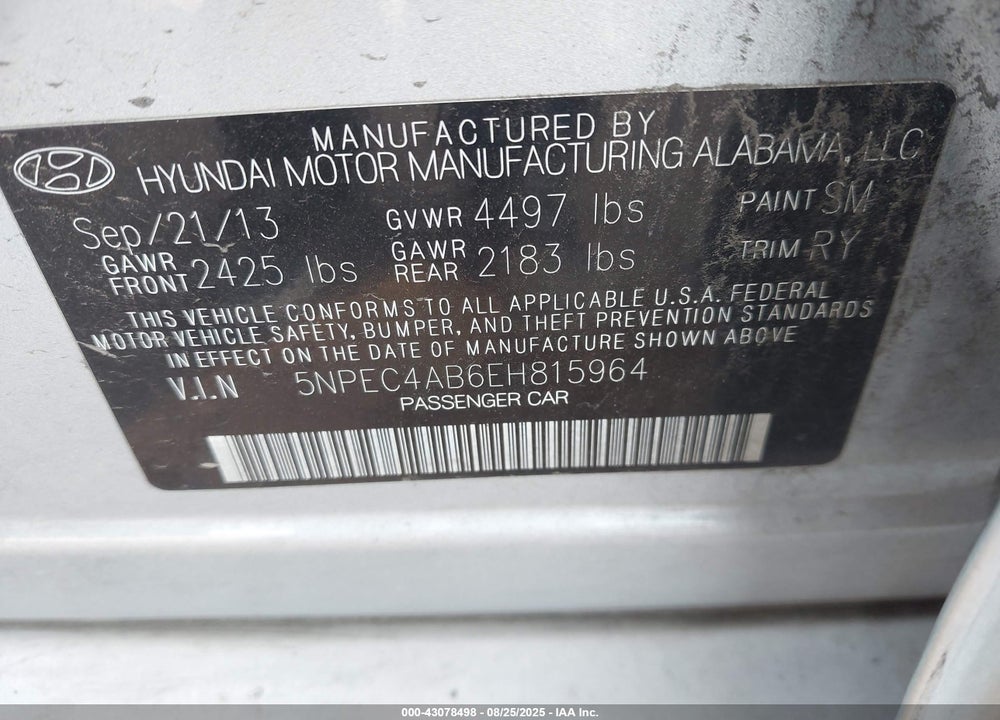 2014 HYUNDAI SONATA VIN: 5NPEC4AB6EH815964