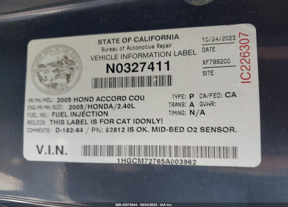 2005 HONDA ACCORD 2.4 EX VIN: 1HGCM72765A003962