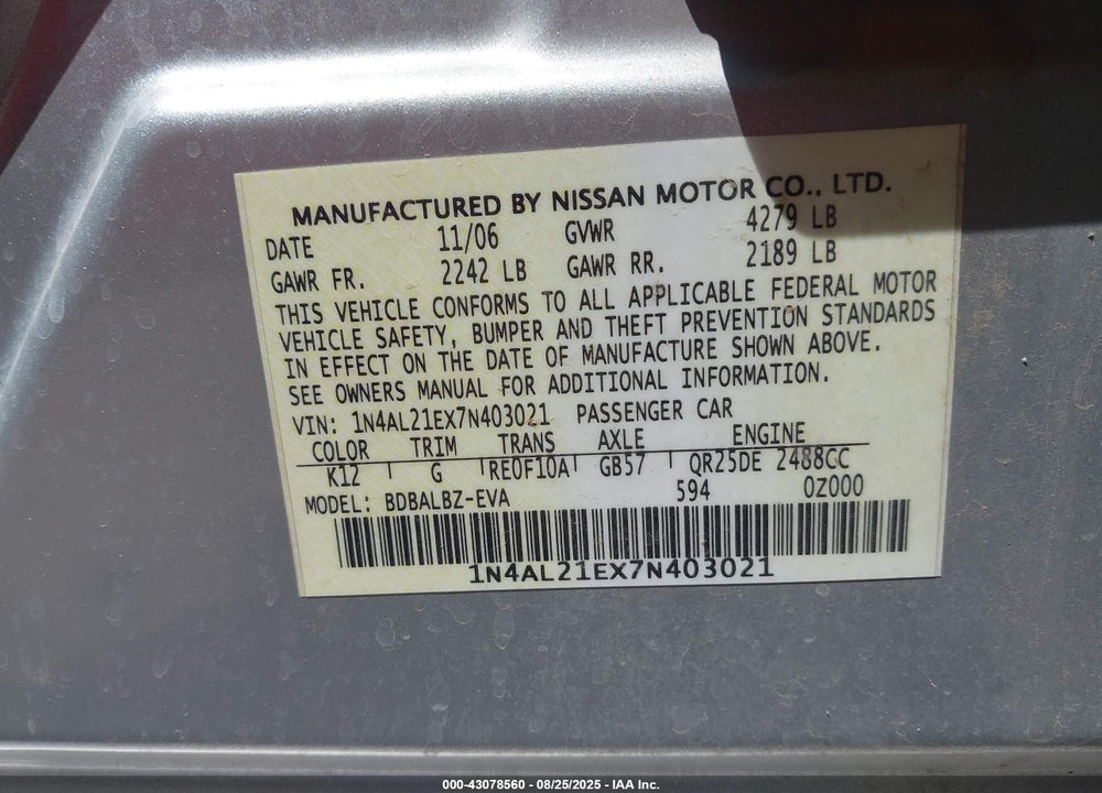 2007 NISSAN ALTIMA VIN: 1N4AL21EX7N403021
