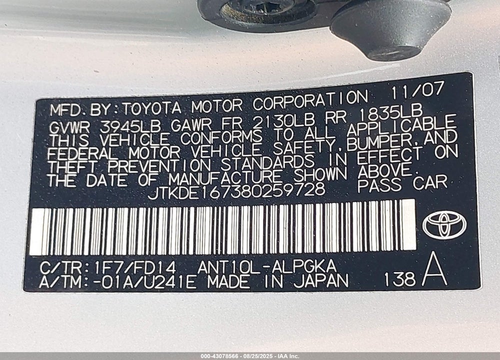2008 SCION TC VIN: JTKDE167380259728