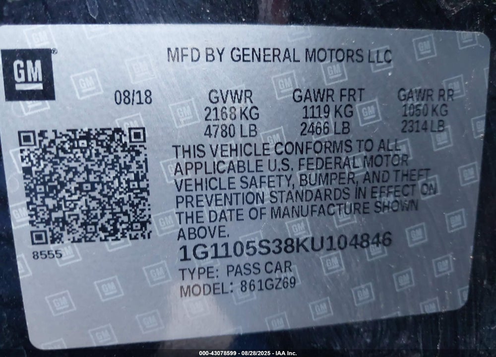 2019 CHEVROLET IMPALA PREMIER VIN: 1G1105S38KU104846